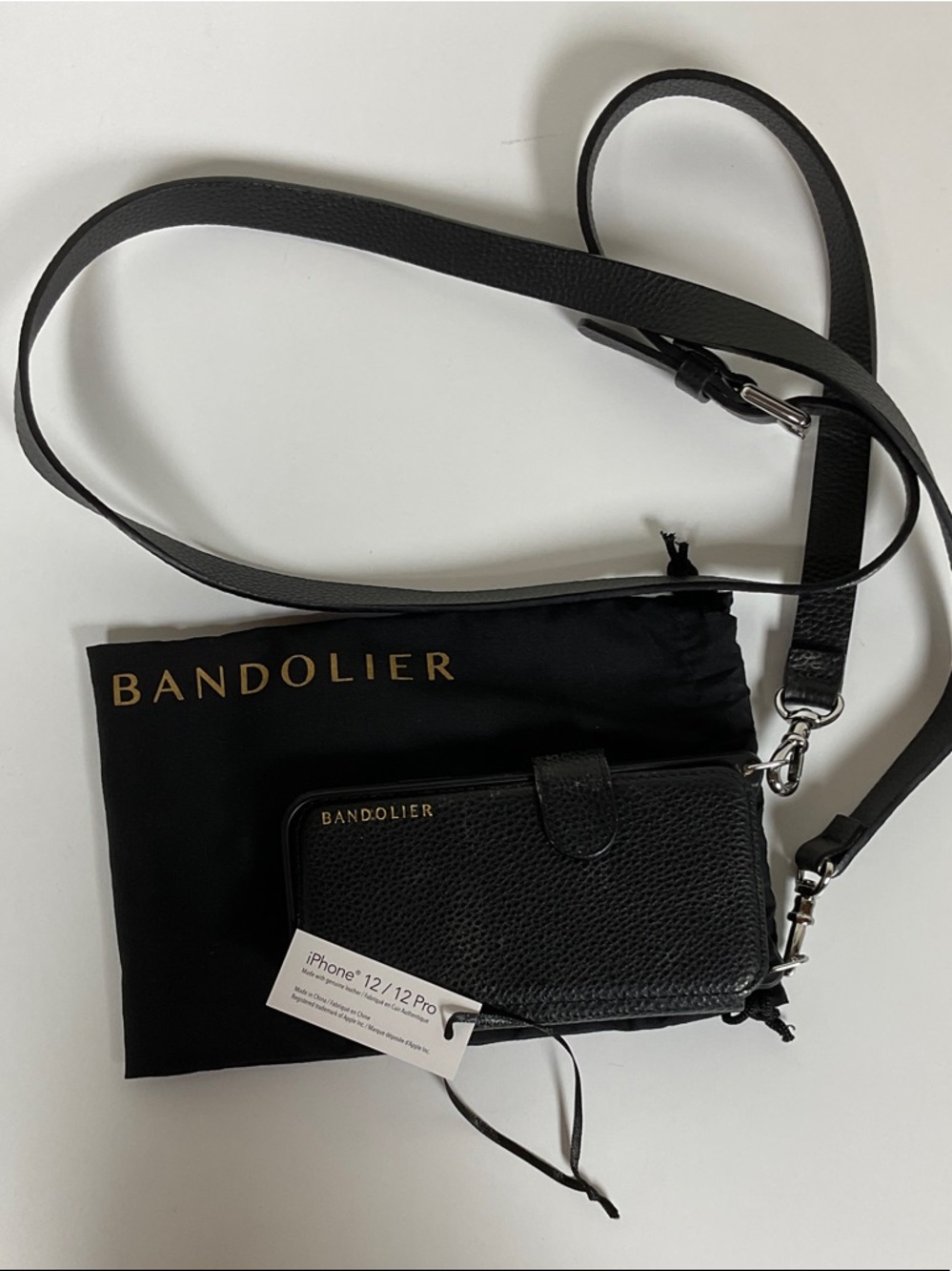 Bandolier Black Pebbled Leather Crossbody Phone Case with Strap